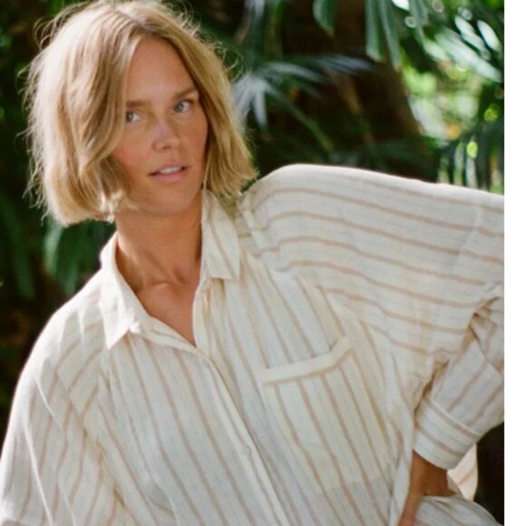 Linen Blend Oversized Button Down Shirt - Tan Vertical Stripes - Picture 3 of 11